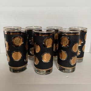 7 Vintage Libbey Black Textured Gold Coin Design MCM Highball Glasses w/Carrier